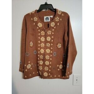 Storybook Knits Fullzip Cardigan Sweater Jacket Brown Ornate turquois Beads Sz M